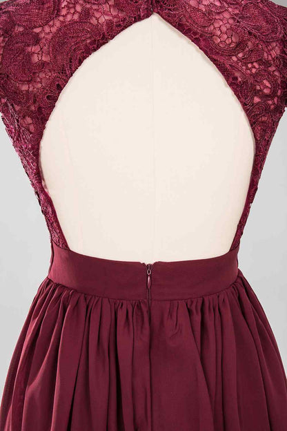 Burgundy A-line Cap Sleeves Lace Cut-Out Back Chiffon Long Bridesmaid Dress