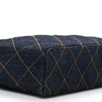 Denim Quilted Top Handle Slim Vanity Case With Chain Dark Blue Orange