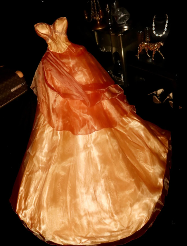 Elegant Orange Strapless Tulle Satin Beaded Mermaid Long Party Dress Formal Wedding Guest Dress SP1416