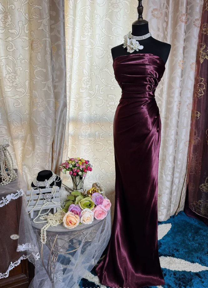 Elegant Burgundy Strapless Satin Pleated Mermaid Long Evening Dress Prom Dresses SP1621