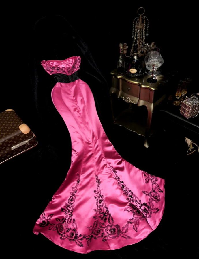 Charming Hot Pink strapless Satin Mermaid Long Wedding Guest Dress Formal Evening Dress SP1427