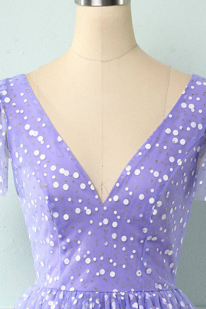 Lilac A-line V Neck Multi-Layers Mini Homecoming Dress with Dot