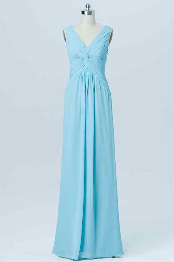 Blue A-line Chiffon Pleated Twist Knot Long Bridesmaid Dress