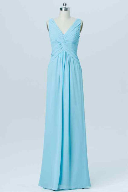 Blue A-line Chiffon Pleated Twist Knot Long Bridesmaid Dress
