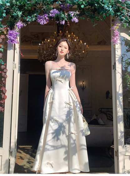 Elegant White Spaghetti Straps Satin A Line Long Evening Dress Birthday Prom Dress With Bow SP1539