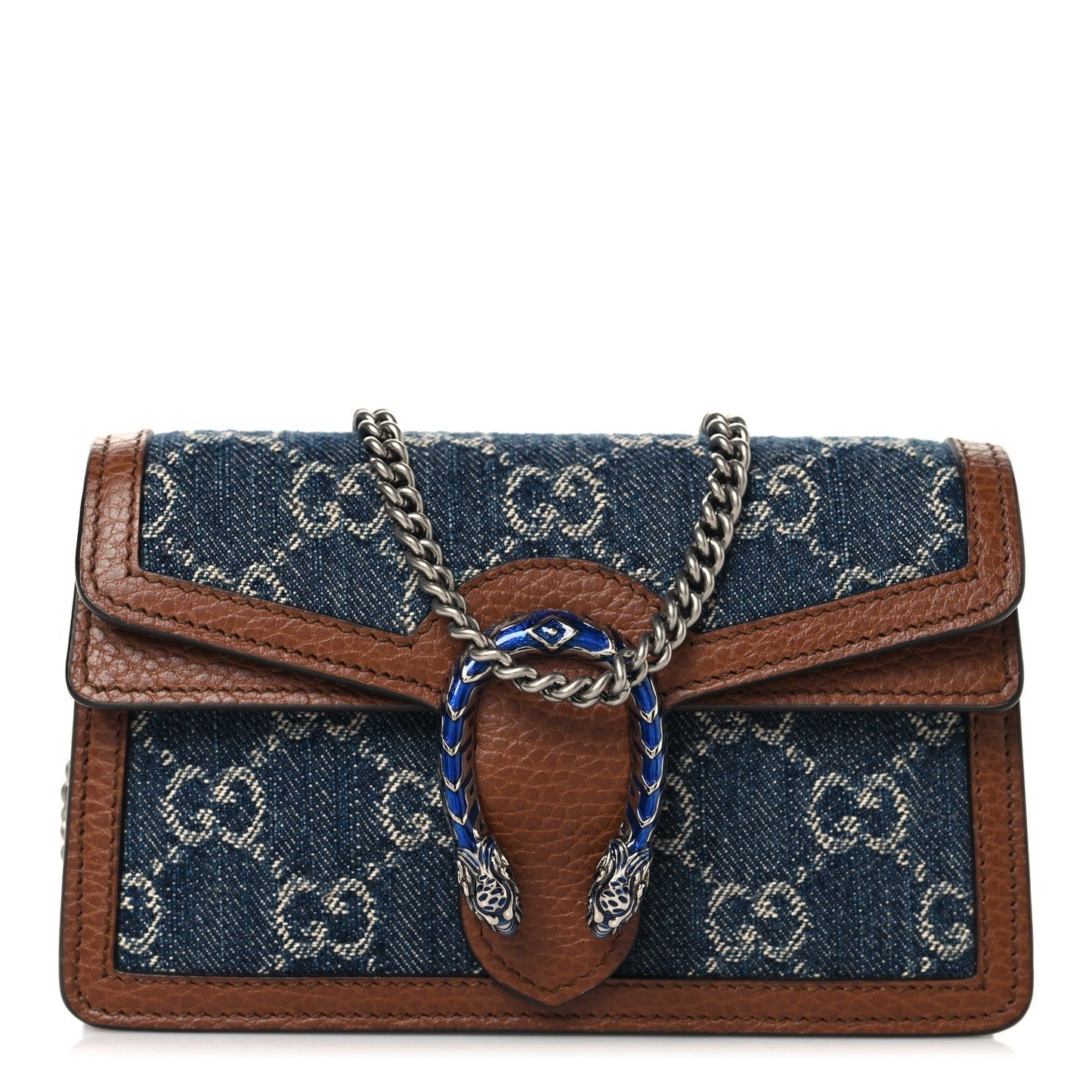 New Denim GG Monogram Dollar Calfskin Enamel Super Mini Dionysus Shoulder Bag Blue Tea Cuir Epilog Electric Blue
