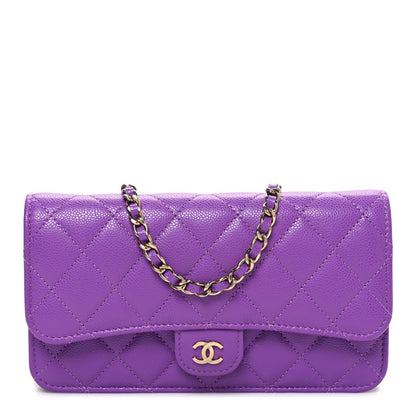 Caviar Quilted Flap Phone Holder with Chain Purple