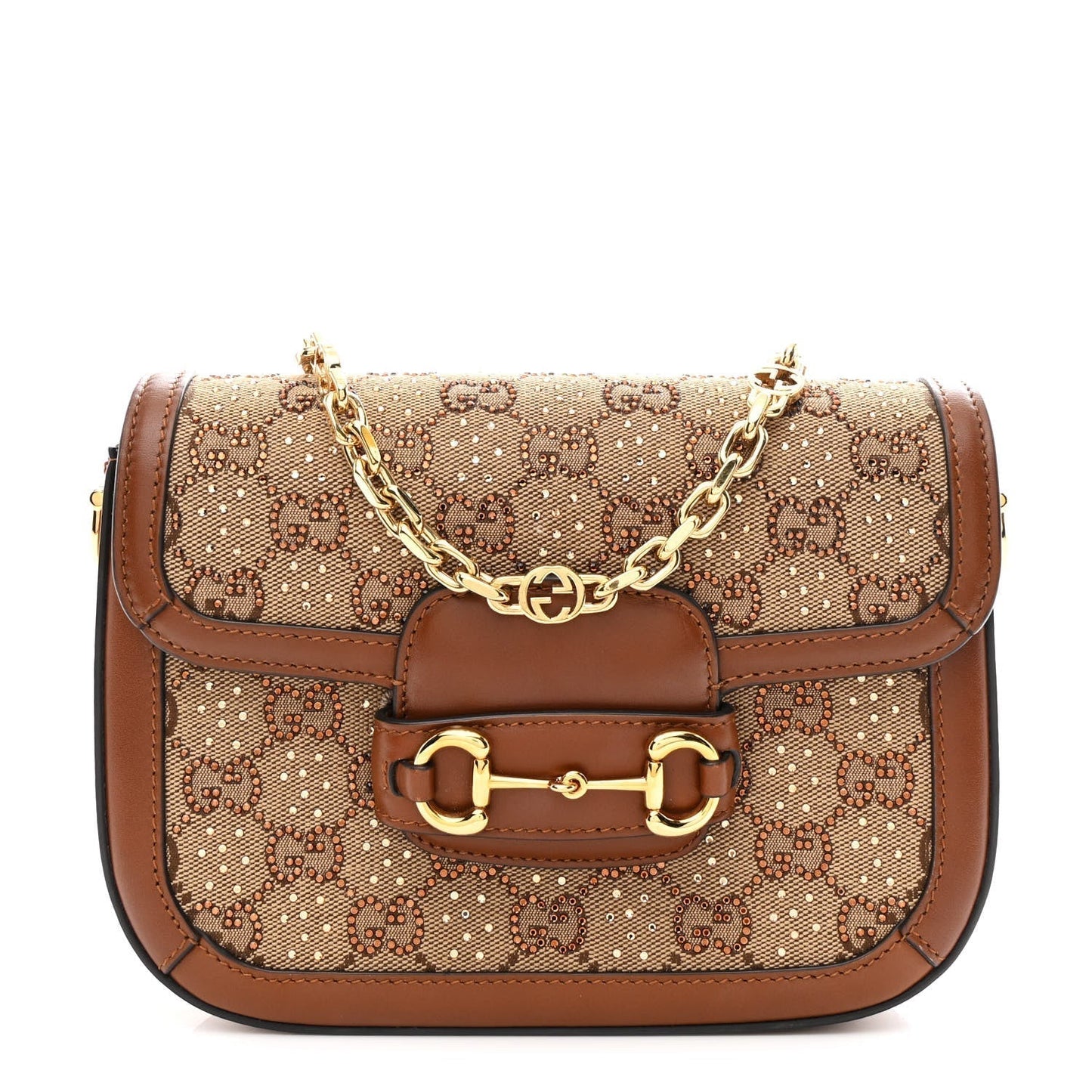 New Canvas Charisma Calfskin Crystal GG Monogram Mini Horsebit 1955 Shoulder Bag Camel Ebony