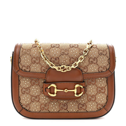 New Canvas Charisma Calfskin Crystal GG Monogram Mini Horsebit 1955 Shoulder Bag Camel Ebony