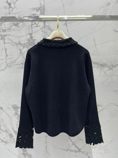 Miumiu 2025 Hollow-Out Crochet Collar Age-Defying Knit Cardigan Wool