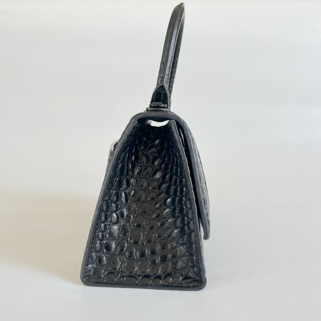 Balenciaga black croc embossed small hourglass bag