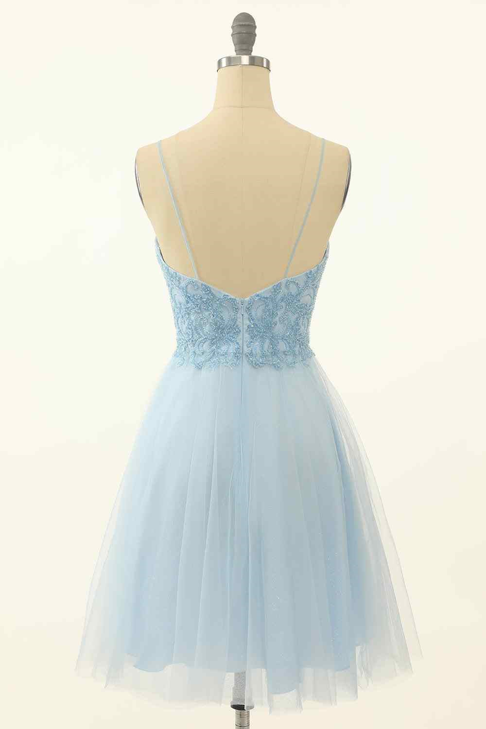 Light Blue A-line V Neck Beading-Embroidered Tulle Mini Homecoming Dress
