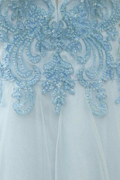 Light Blue A-line V Neck Beading-Embroidered Tulle Mini Homecoming Dress