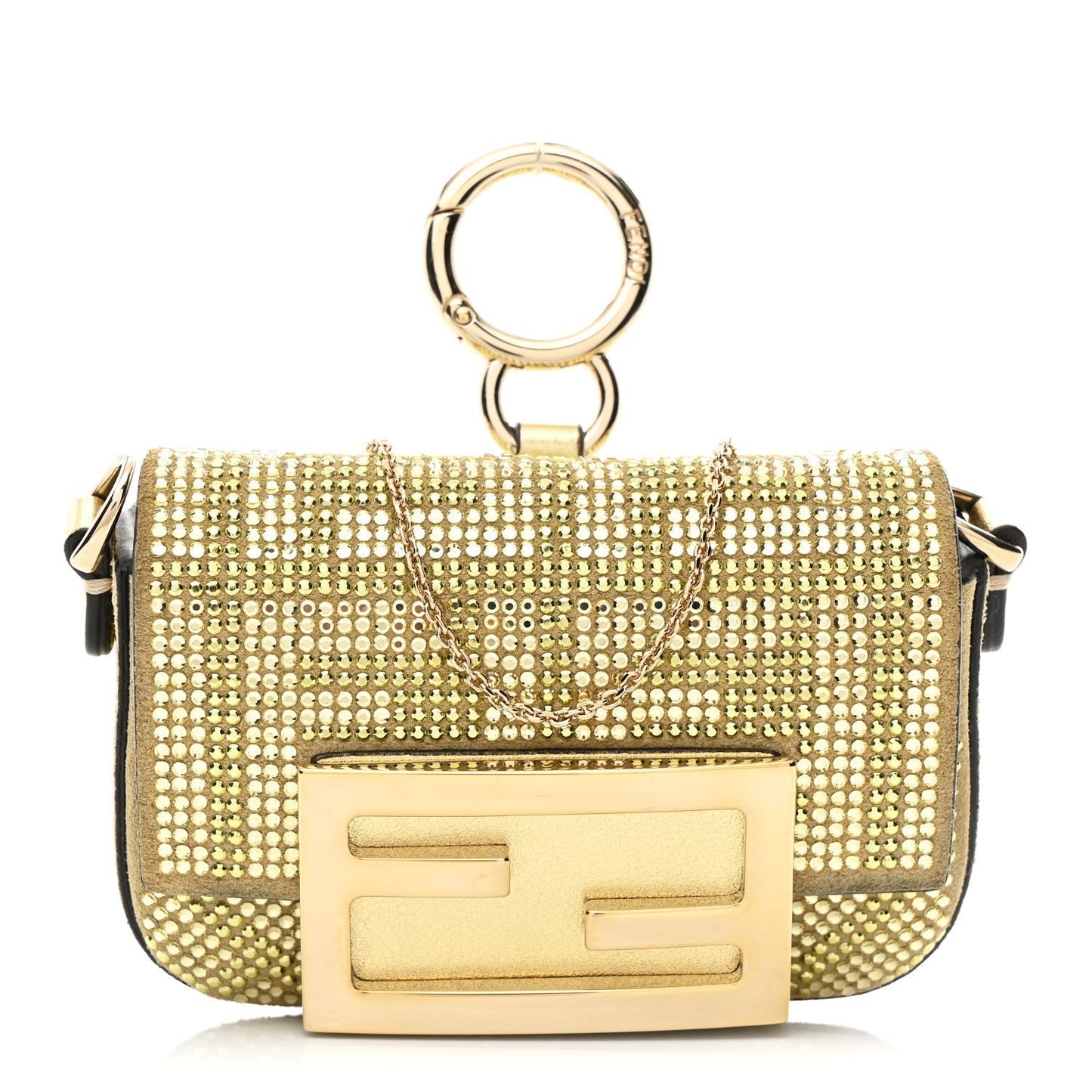 Crystal Vitello Laminato FF Nano Maxi Buckle Baguette Charm Light Gold