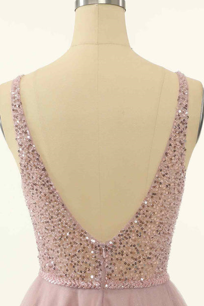 Dusty Pink A-line V Neck Sequins Tulle Mini Homecoming Dress