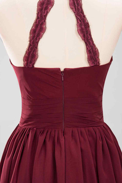 Burgundy A-line Halter Lace Straps Back Pleated Chiffon Long Bridesmaid Dress
