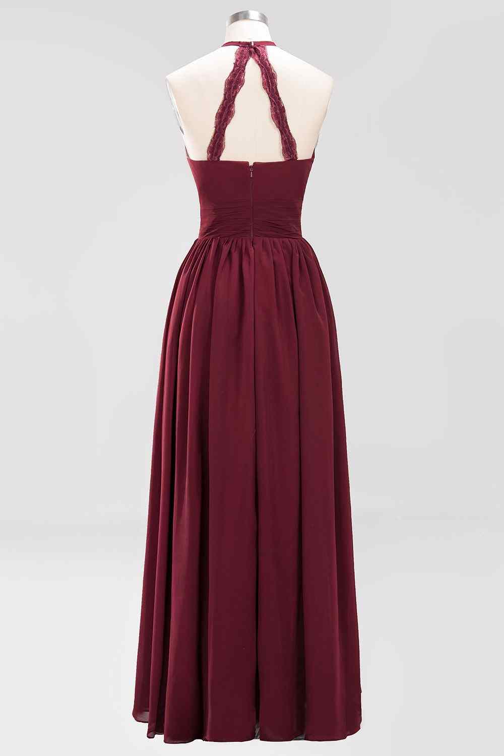 Burgundy A-line Halter Lace Straps Back Pleated Chiffon Long Bridesmaid Dress