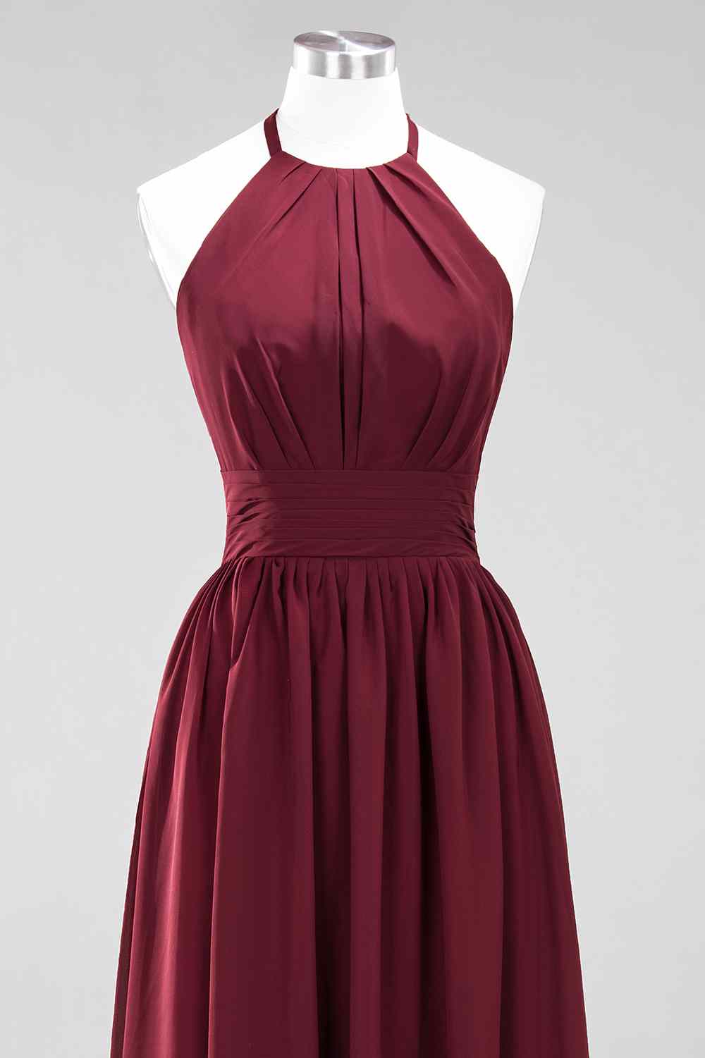 Burgundy A-line Halter Lace Straps Back Pleated Chiffon Long Bridesmaid Dress