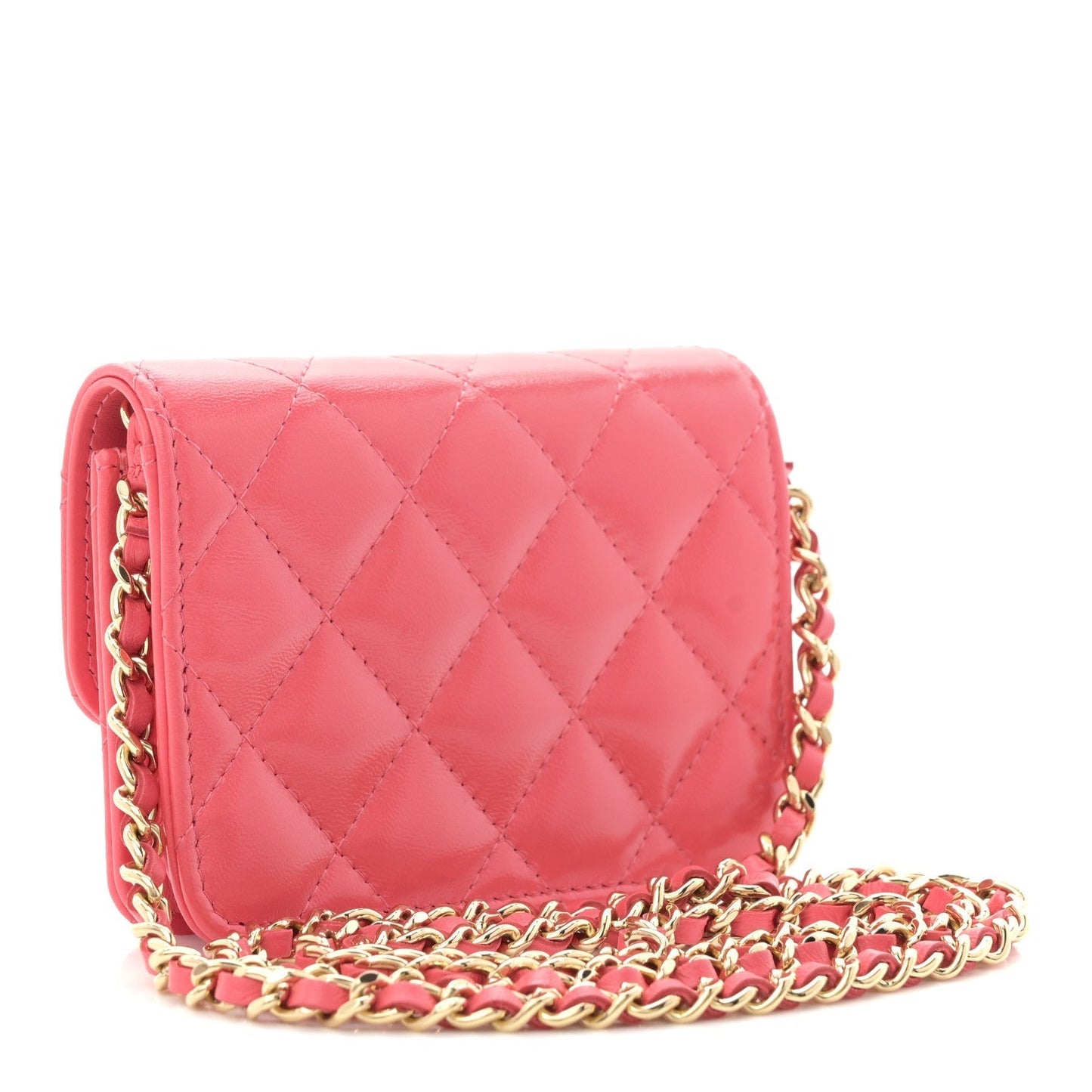 Shiny Lambskin Quilted Card Holder On Chain Pink