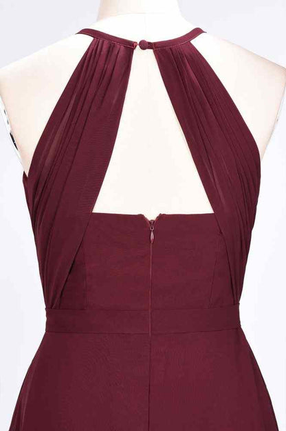 Burgundy A-line Halter Cut-Out Back Pleated Chiffon Long Bridesmaid Dress