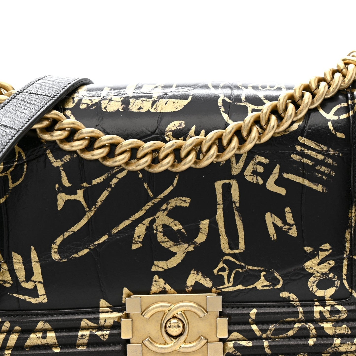 Calfskin Crocodile Embossed Graffiti Cocodile Medium Boy Flap Black