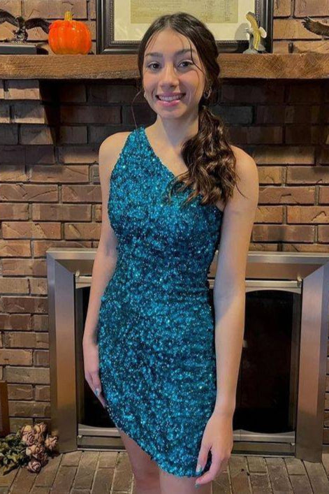 One Shoulder Blue Sequin Bodycon Short Dress