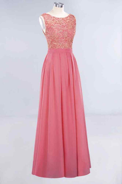 Pink A-line Sleeveless V Back Lace Chiffon Long Bridesmaid Dress