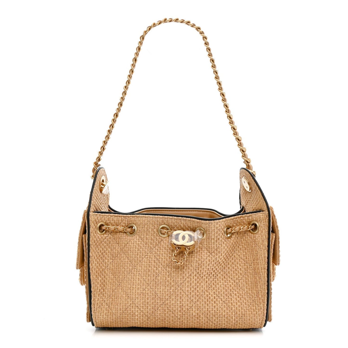 Braided Raffia Calfskin Quilted Mini Chanel 25 Handbag Beige Black
