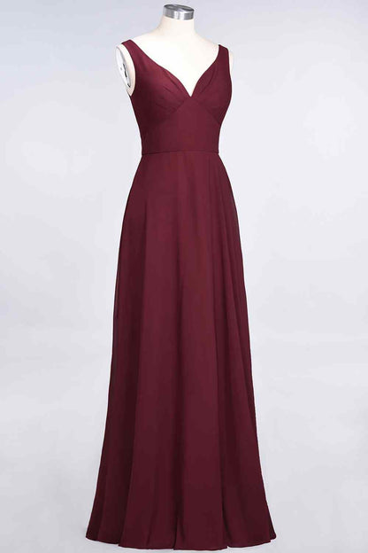 Burgundy A-line V Neck Cut-Out Back Chiffon Long Bridesmaid Dress