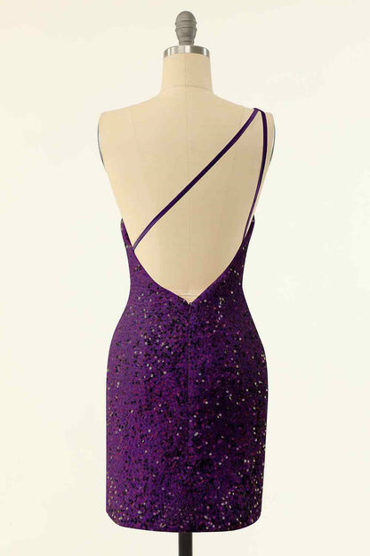 Sheath One Shoulder Sequins Strap Back Mini Homecoming Dress