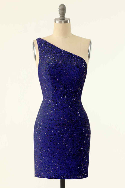 Sheath One Shoulder Sequins Strap Back Mini Homecoming Dress