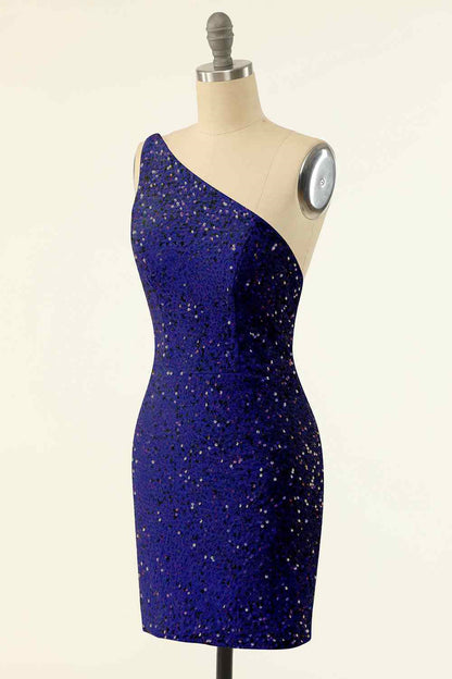 Sheath One Shoulder Sequins Strap Back Mini Homecoming Dress