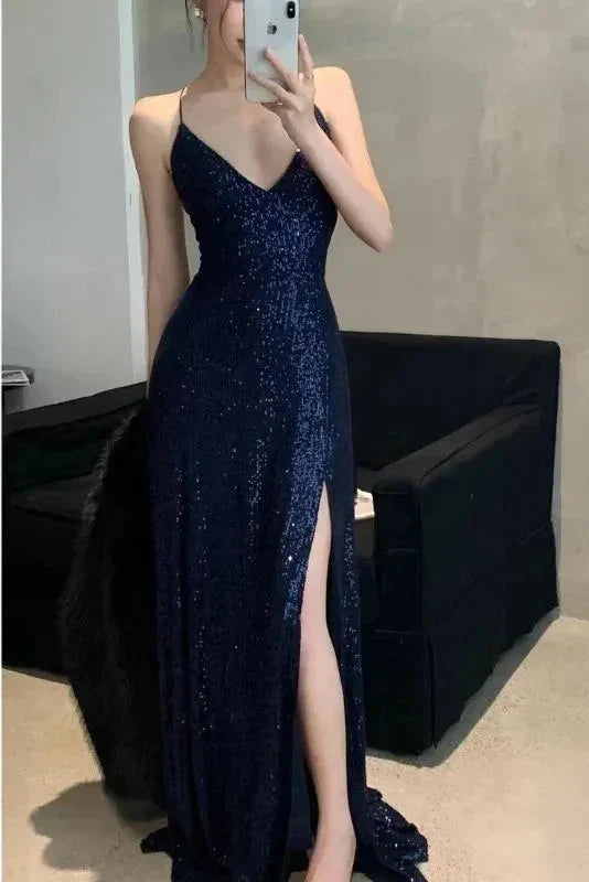 Womens Navy Sequined Slitted Spaghetti Strap V Neck Full-Length Formal Gown Dress