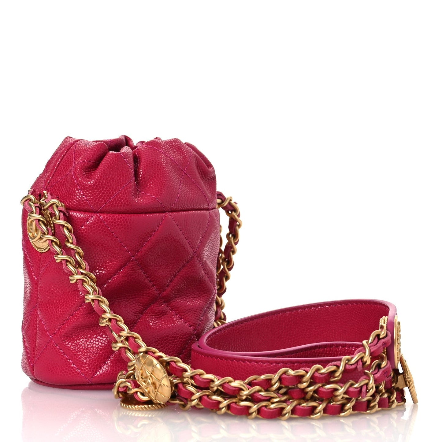 Caviar Quilted Twist Your Buttons Mini Bucket Bag Fuchsia