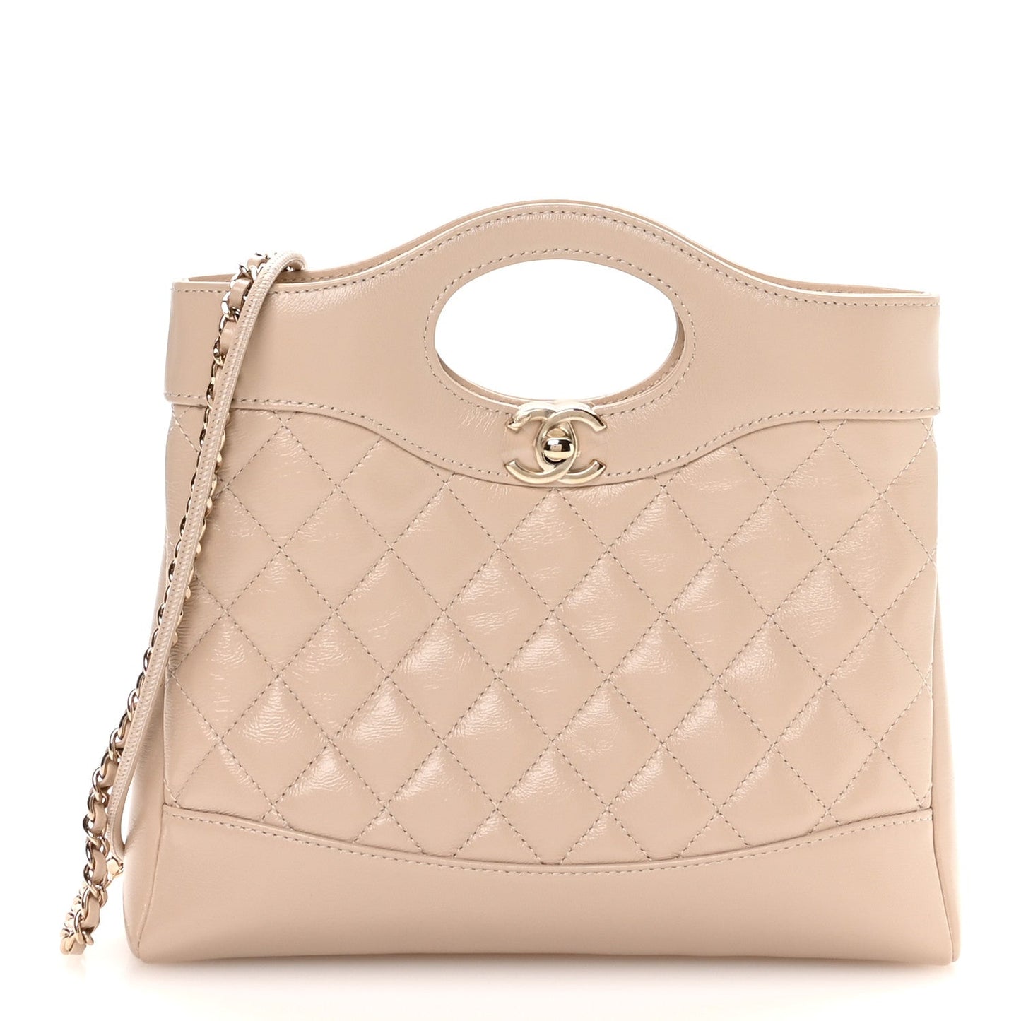 Shiny Crumpled Calfskin Quilted Mini 31 Shopping Bag Beige