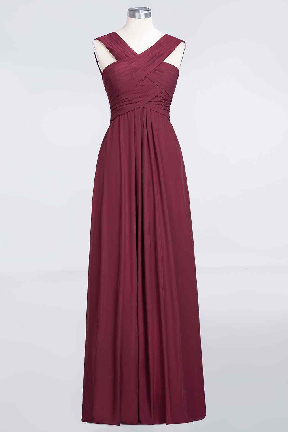 Burgundy A-line Halter Pleated Chiffon Long Bridesmaid Dress