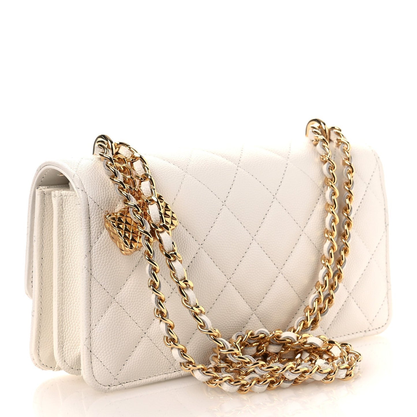 Shiny Caviar Quilted Flap Charm Wallet On Chain WOC White
