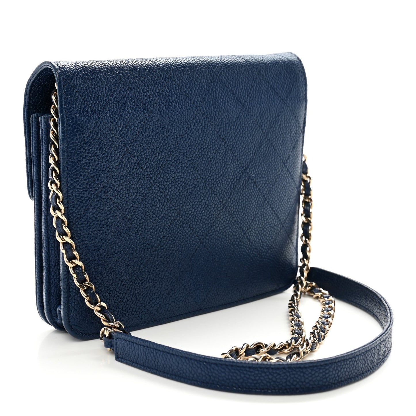 Grained Calfskin Quilted Cuba Square Wallet On Chain WOC Blue