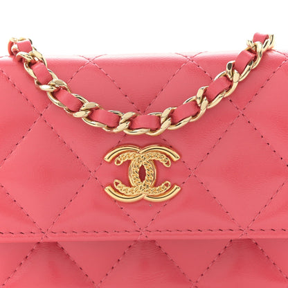 Shiny Lambskin Quilted Card Holder On Chain Pink