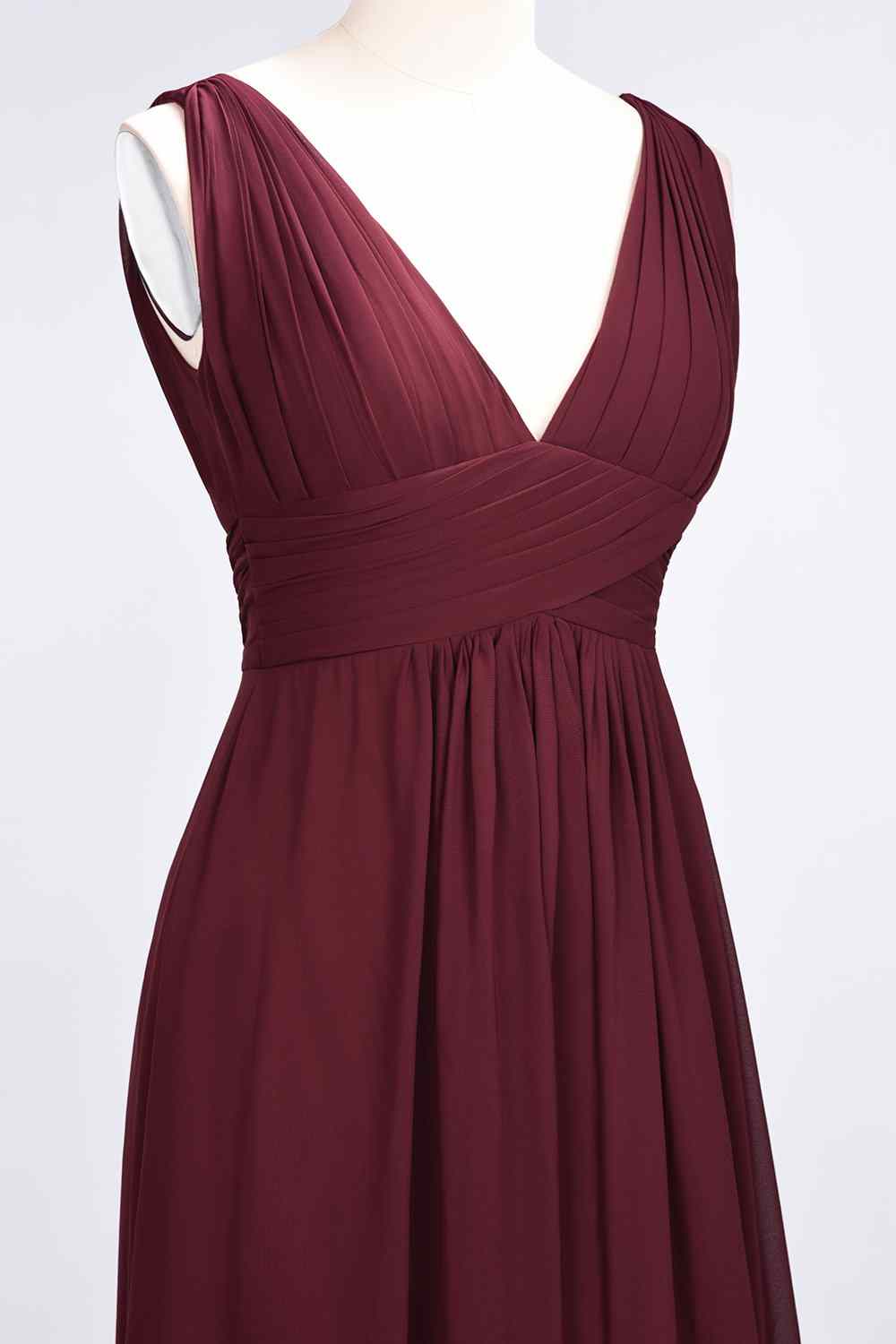 Burgundy A-line V Neck Sleeveless Pleated Chiffon Long Bridesmaid Dress
