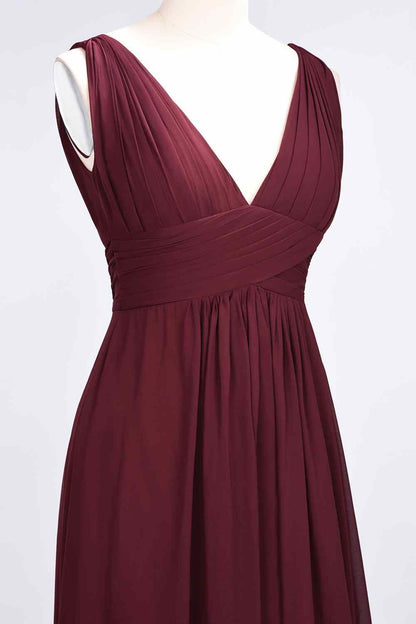 Burgundy A-line V Neck Sleeveless Pleated Chiffon Long Bridesmaid Dress