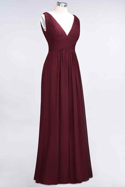 Burgundy A-line V Neck Sleeveless Pleated Chiffon Long Bridesmaid Dress