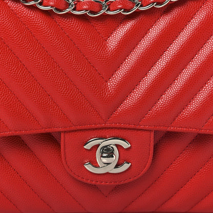 Caviar Chevron Quilted Medium Double Flap Red