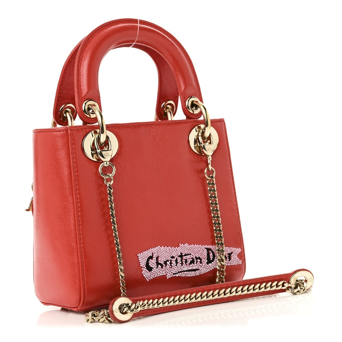 Calfskin Beaded Mini Lady Dior Rouge Multicolor