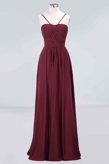 Burgundy A-line Spaghetti Straps Pleated Chiffon Long Bridesmaid Dress