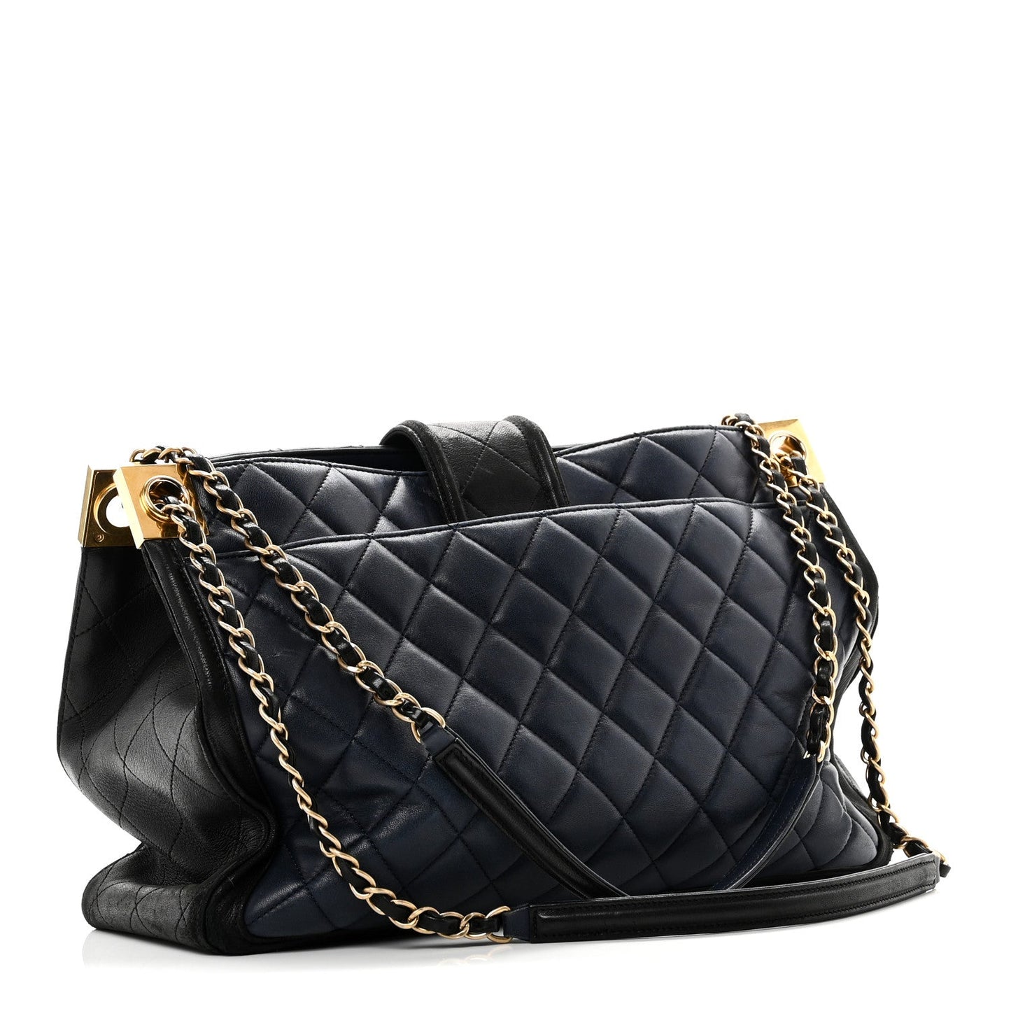 Lambskin Quilted Elegant CC Shopping Tote Navy Black