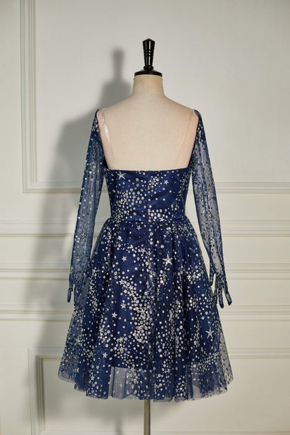 Dark Navy Sequined Long Sleeves A-line Homecoming Dress
