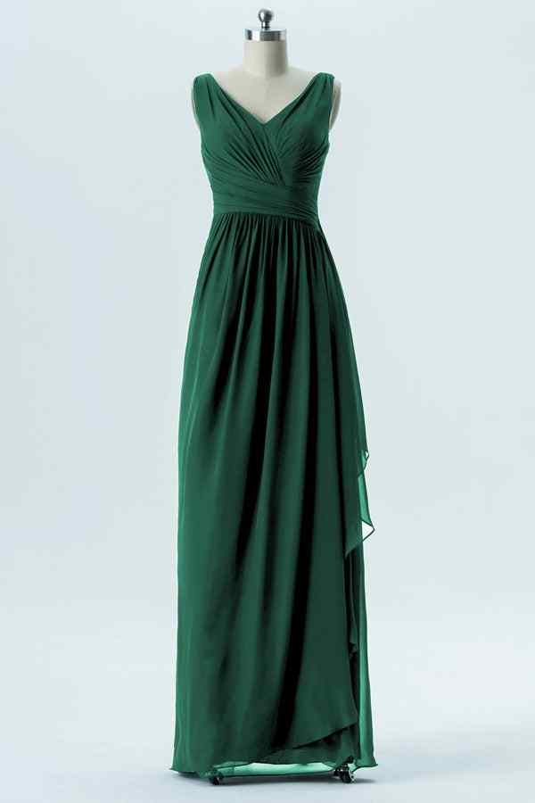 Peacock Green A-line Chiffon Pleated Ruffle Long Bridesmaid Dress