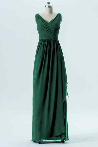 Peacock Green A-line Chiffon Pleated Ruffle Long Bridesmaid Dress