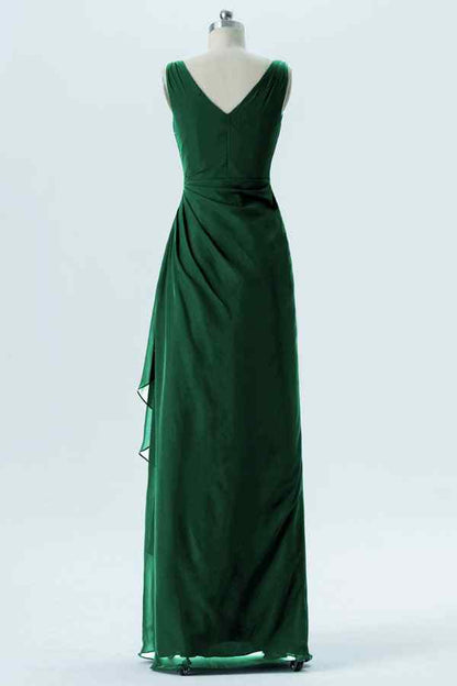 Peacock Green A-line Chiffon Pleated Ruffle Long Bridesmaid Dress